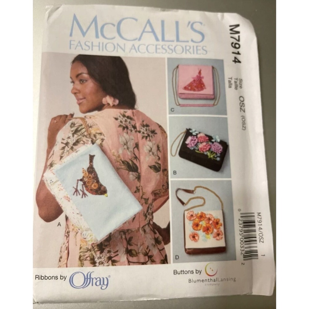 McCalls Fashion Pattern M7914 Handbags Purses Clutch Ribbon Embroidery Uncut